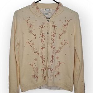 Silk Collection Women's Vintage Wool Cardigan with Beading and Silk Lining sz Me